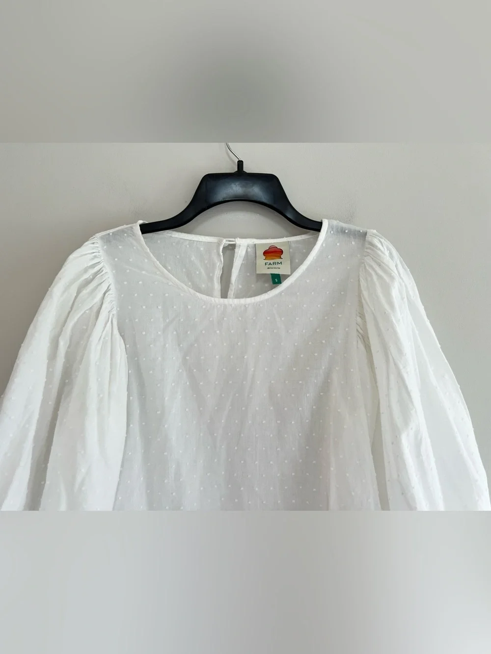 FARM Rio Puffed Long Sleeve Swiss Dot Cropped Cotton Gauze White Blouse, Small